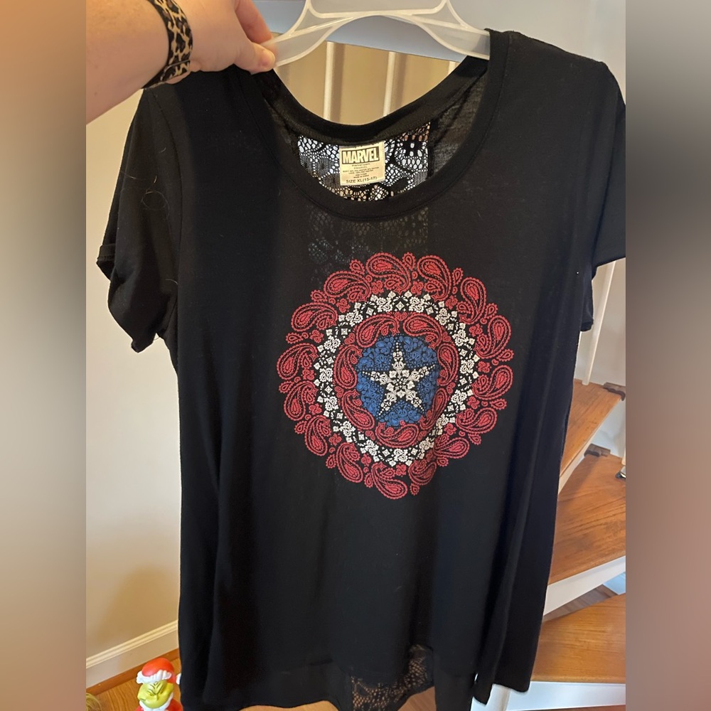 Marvel Women's Black Tee with Red and Blue Design